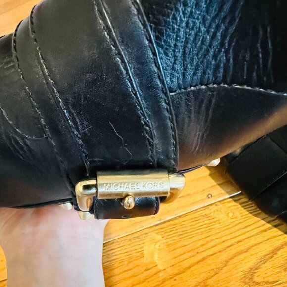 MICHAEL KORS BLACK LEATHER KNEE HIGH BOOTS WITH BUCKLE & RIVETS SZ 8 M - Picture 13 of 16